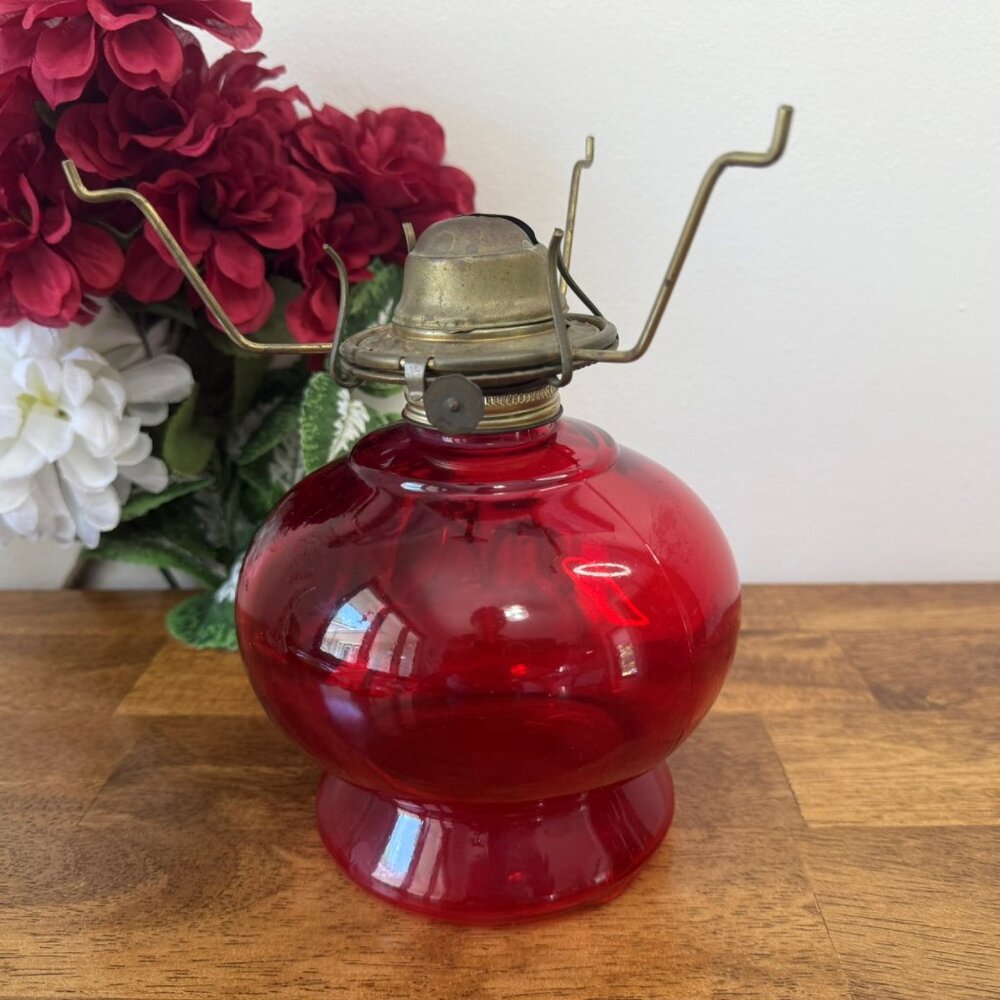 Vintage Red Glass Hurricane Oil Lamp Lantern – P&A or Eagle Style – Mid-Century